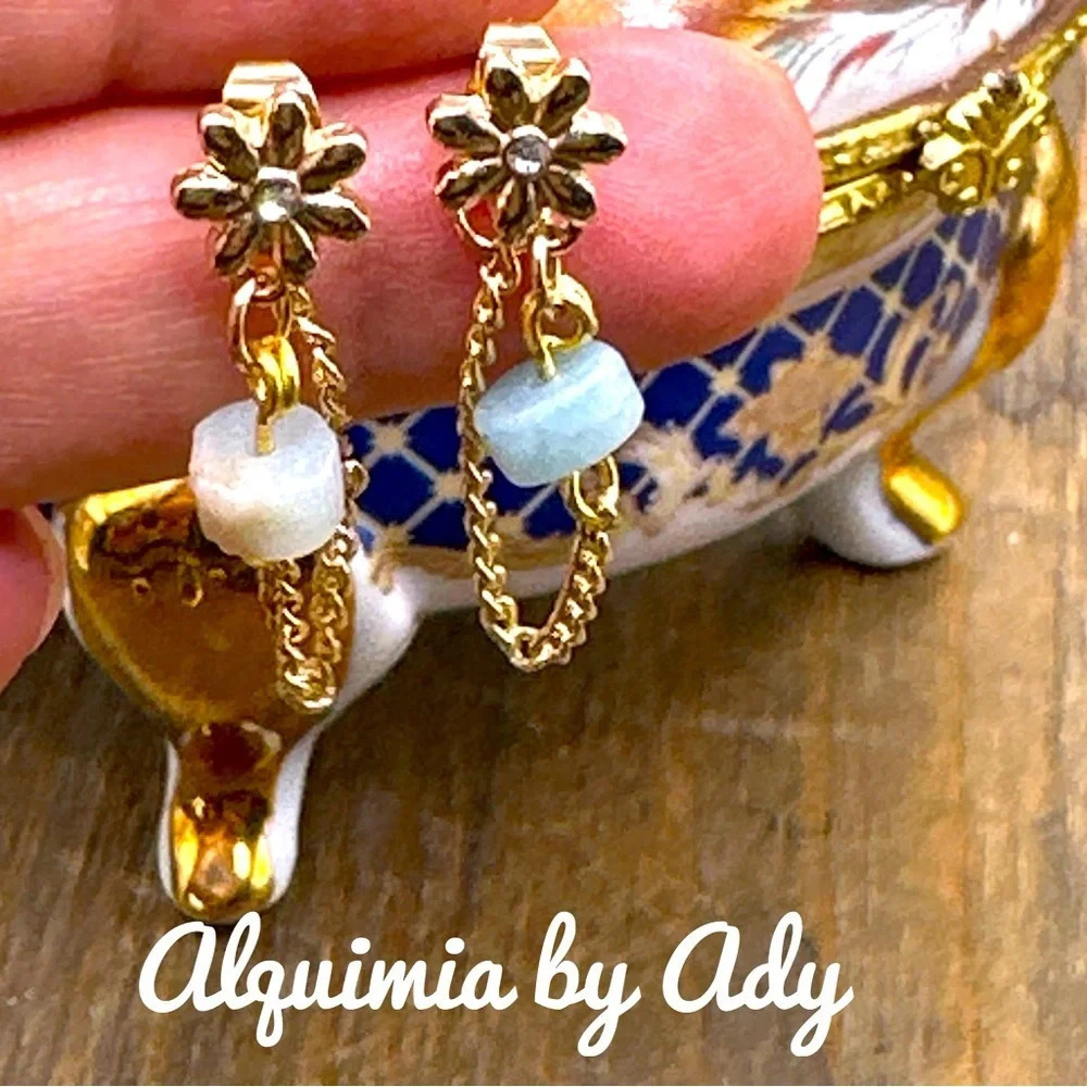 FRESH PICS + Larimar gold dainty dangle stud handmade earrings + SPRING NOW